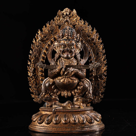8.7" China Old Tibet Tibetan Buddhism Temple Bronze Gilt Mahakala Buddha Statue