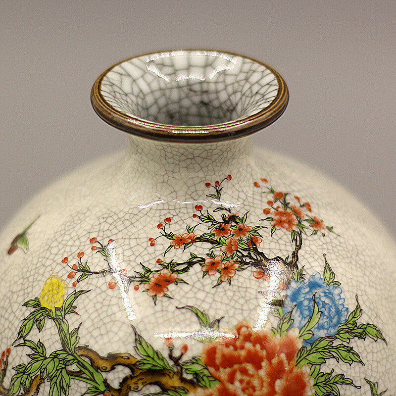6.3" Collect Chinese Qing Famille Rose Porcelain Tree Peony Animal Chook Vase