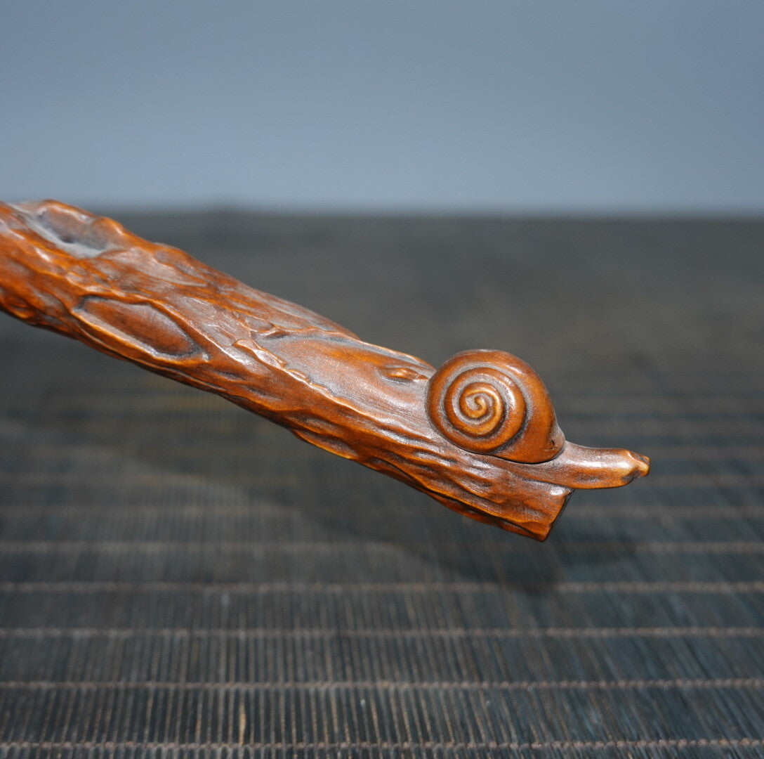 6.7" Collect China Box-wood Carving Animal Snail Tea Shovel Statue