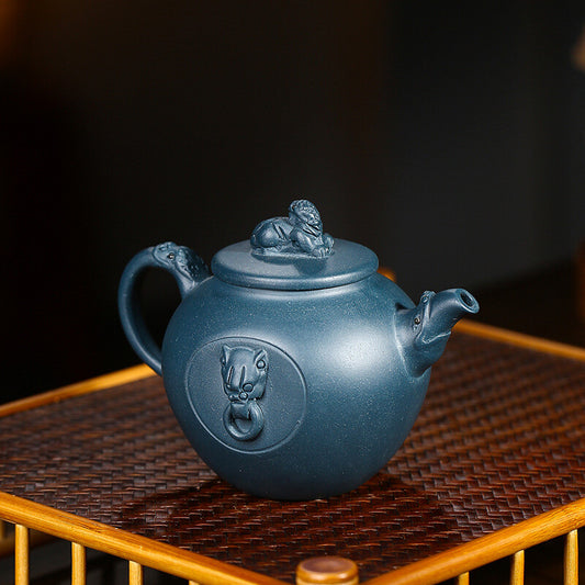 5.3"collect Chinese Yixing Zisha Pottery Celeste Clay 300ML Lion Head Teapot