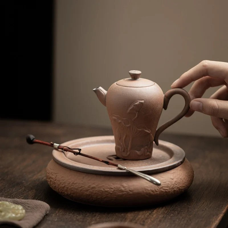 140ml Chinese Rough Pottery Old Rock Mud Relief Lotus Teapot Kungfu Teaware