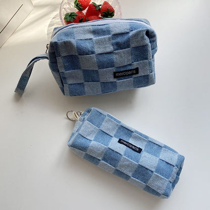 Plaid Cosmetic Bag Canvas Handbags Purse Organizer Pencil Makeup Bags Lipstick