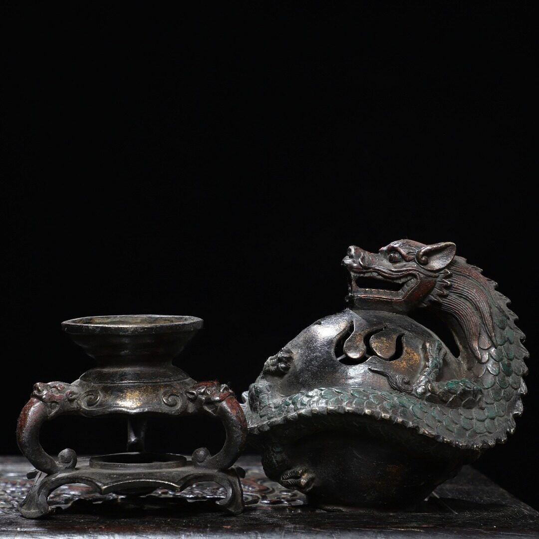 10" Chinese Bronze Gilt Myth Dragon Ball Incense Burner Censer