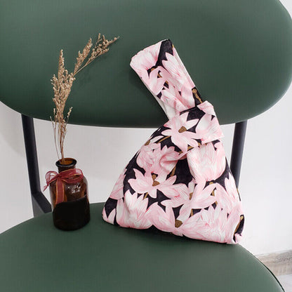 Japanese Flower Pattern Knotted Wrist Bag Phone Bag Canvas Tote Purse Key Pouch