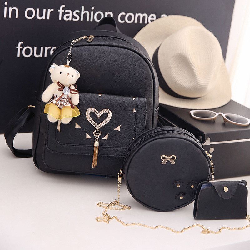 Leather Three Piece Backpack Sets Women Fashion Leather Backpack Card Holder 1PC