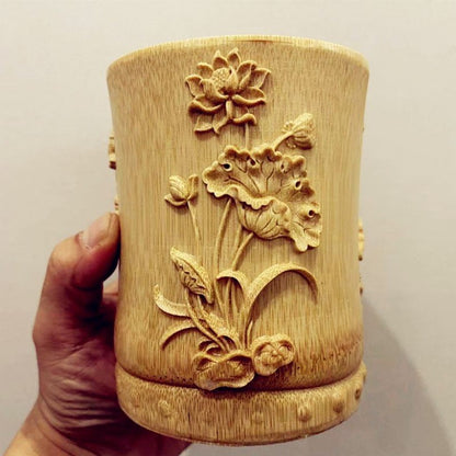 Bamboo Carved Lotus Pen Holder 4.72in Chinese Desk Decor