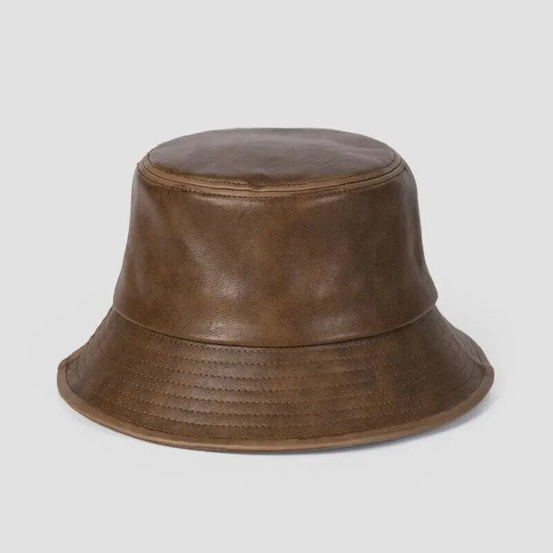 Women Hats Retro Leather Fisherman Men Bucket Fashion Caps Outdoor Flat Sunshade