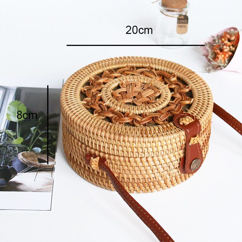 Straw Bags Round Woven Handmade Summer Beach Circle Crossbody Shoulder Bag 1 PC