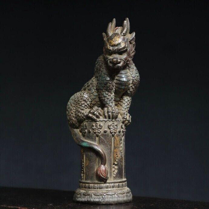 9" Old Dynasty Copper Feng Shui Kylin Unicorn Qilin Chi-lin Dragon Beast Statue