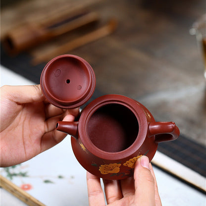 Tea Pot Handmade Carved Flower Design Real Yixing Zisha Dahongpao Clay Pot Mark