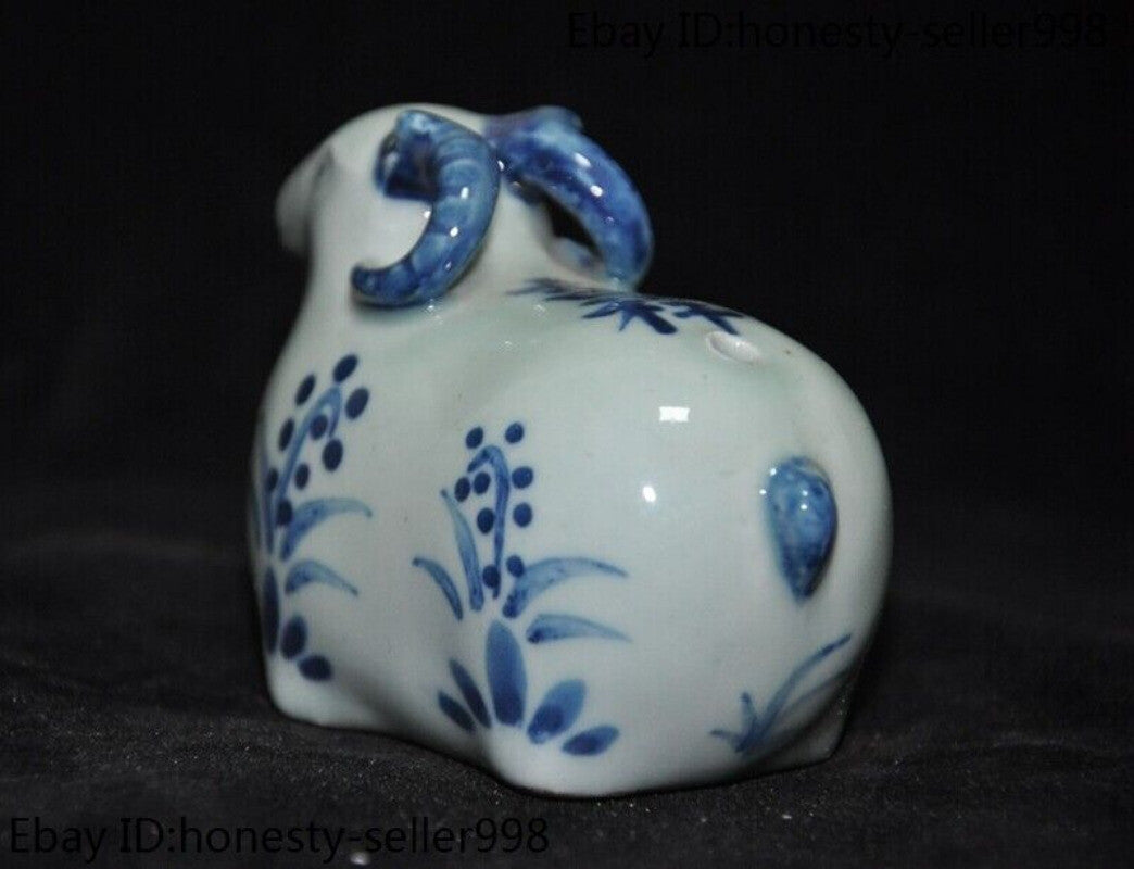 3.2'' Antique Blue White Porcelain Wealth Lucky Zodiac Sheep Goat Statue Crafts