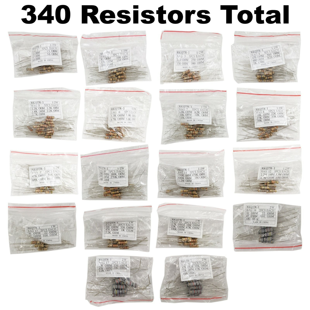 340 Piece Resistor Kit - Includes Assortment of ½ Watt, 1W, and 2W Resistors
