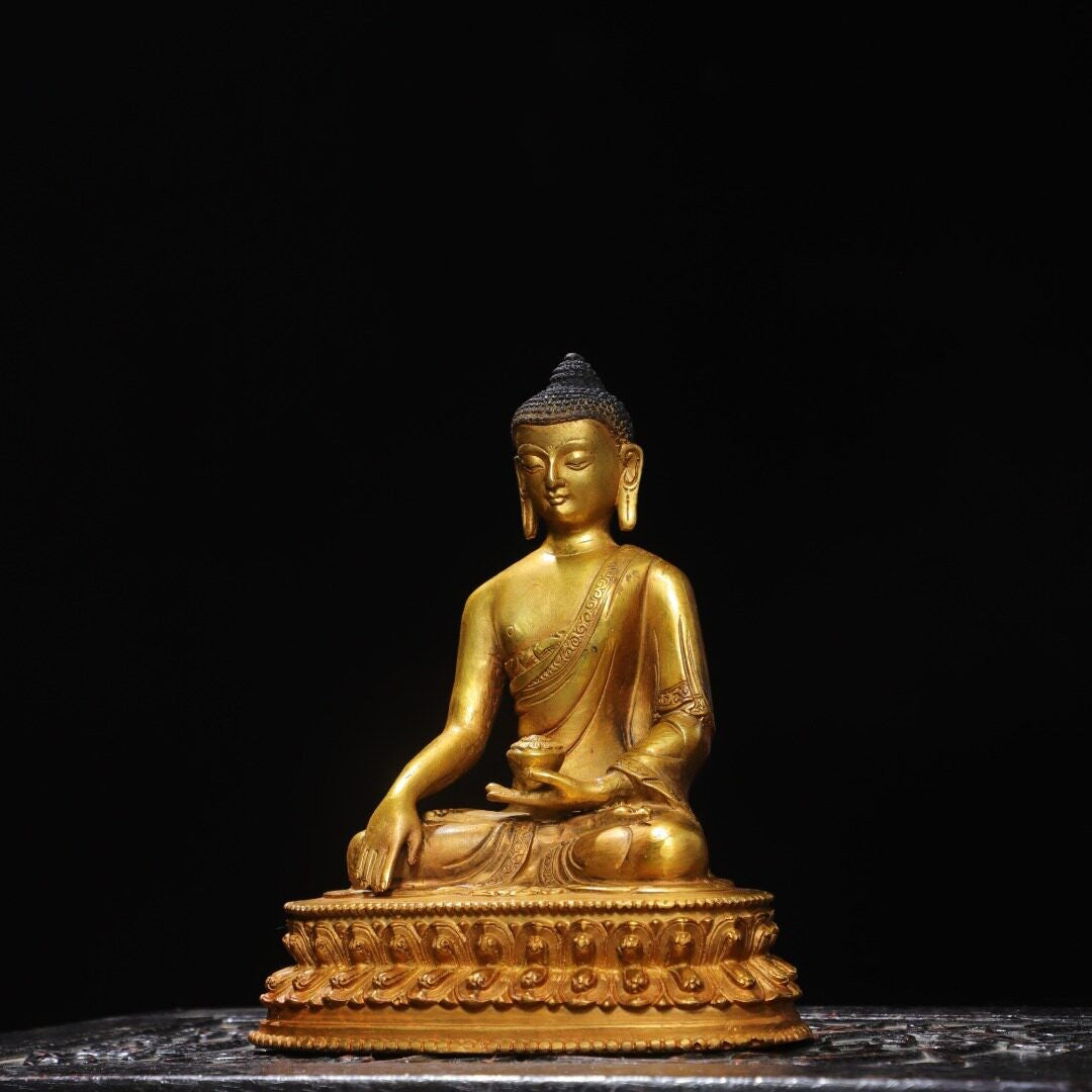 8" Tibetan Buddhism Bronze Gilt Menla Medicine Buddha Medical God Lotus Statue