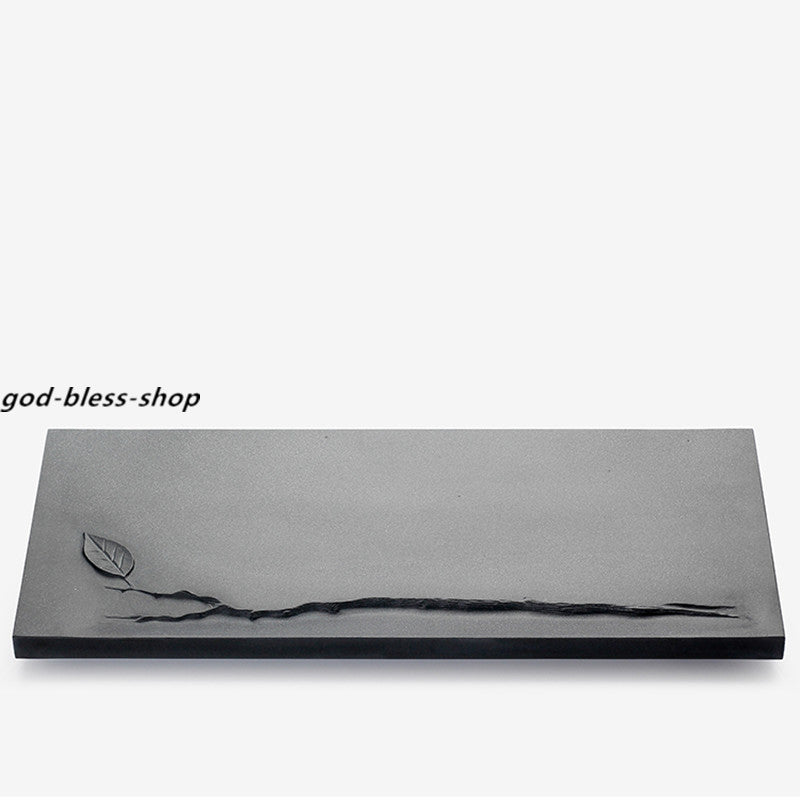 Handmade Carved Leaf Relief Black Stone Tea Tray Water Draining Tea Table Heavy