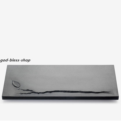 Handmade Carved Leaf Relief Black Stone Tea Tray Water Draining Tea Table Heavy