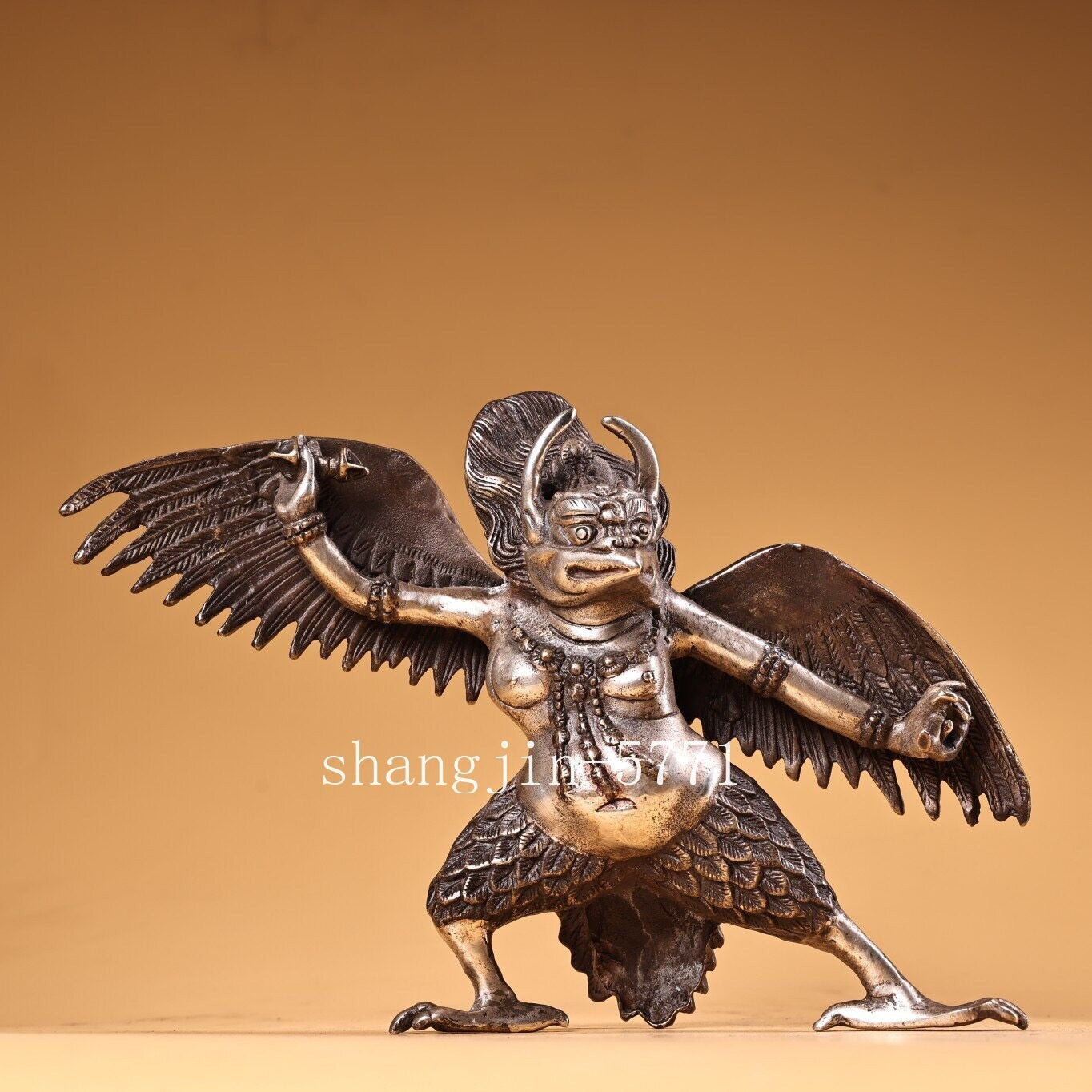 8.4"Xizang Temple Bronze silver Redpoll Winged Garuda Bird Eagle Buddha Statue