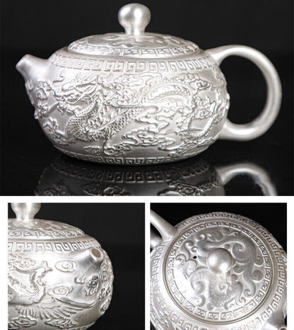 999 Pure Silver Tea Set Handmade Tea Pot Sterling Silver Tea Cup Dragon Relief
