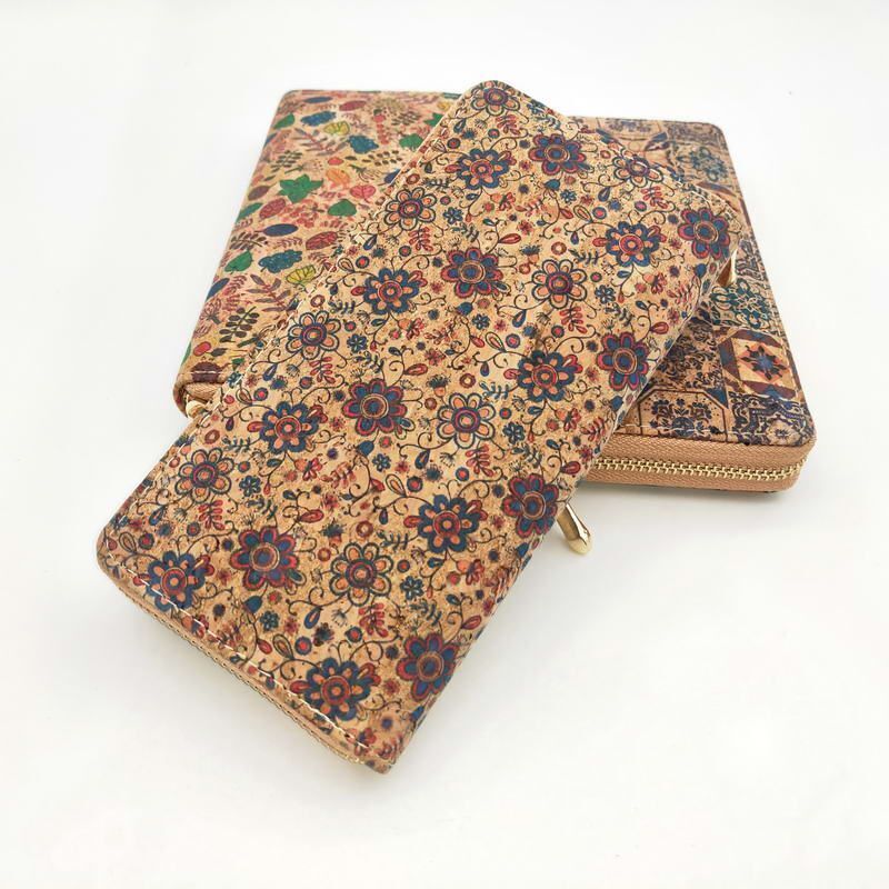 Tile Pattern Print Natural Cork Wallet Leather Long Purse Zipper Card Holder 1PC