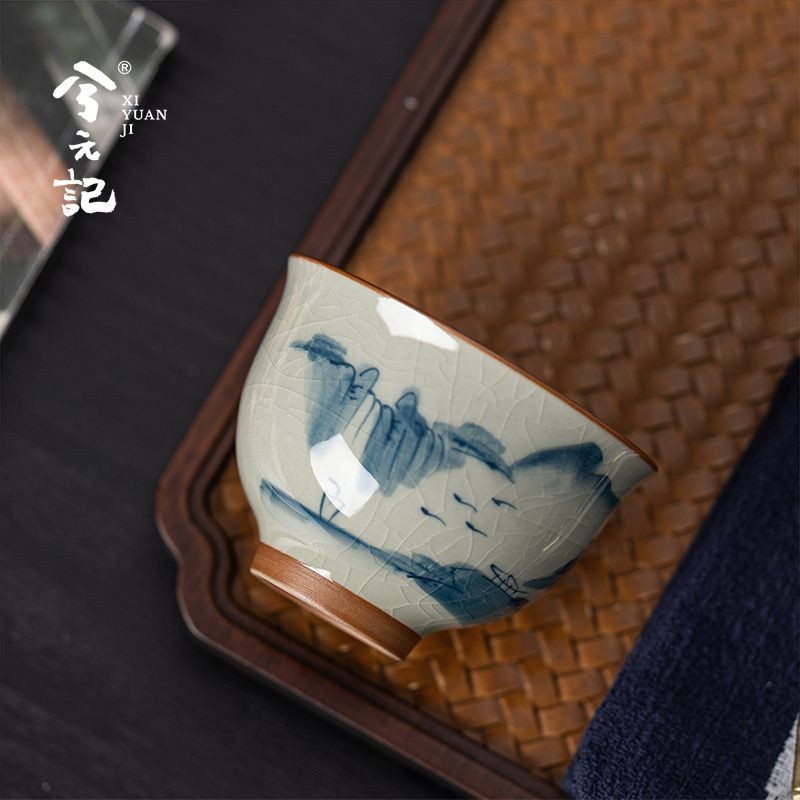 Chinese Ge Kiln Style Tea Cup Crackle Glaze Hand Painted Landscape 106ml