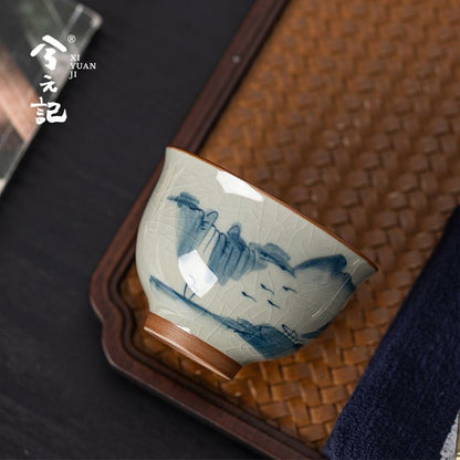 Chinese Ge Kiln Style Tea Cup Crackle Glaze Hand Painted Landscape 106ml
