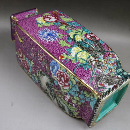 10Inch Chinese Purple Enamel Porcelain Qing Qianlong Bird Flowers Design Vase
