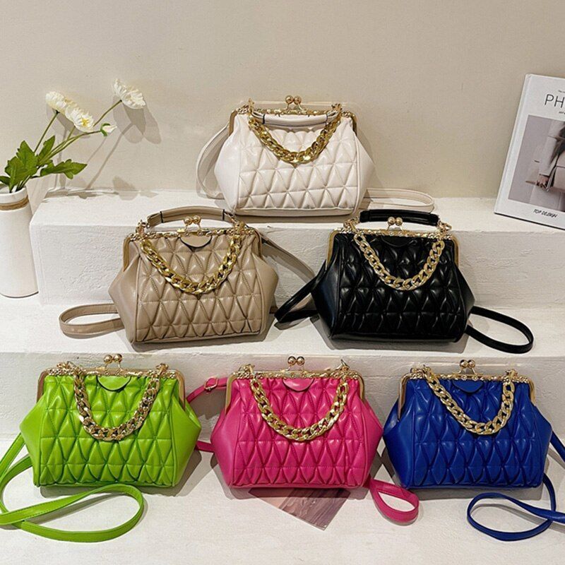 Shoulder Bag Beige Blue Messenger Thick Chain Sling Bag Synthetic Leather Clutch