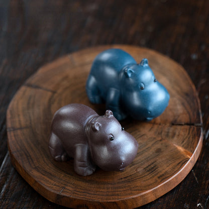 1pc 2.13" Chinese Yixing Purple Clay Figurine Tea Pet Ornaments Hippo Handmade