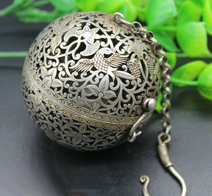 2.2" Tibet Silver Copper Carved Incense Burner Ball Statue