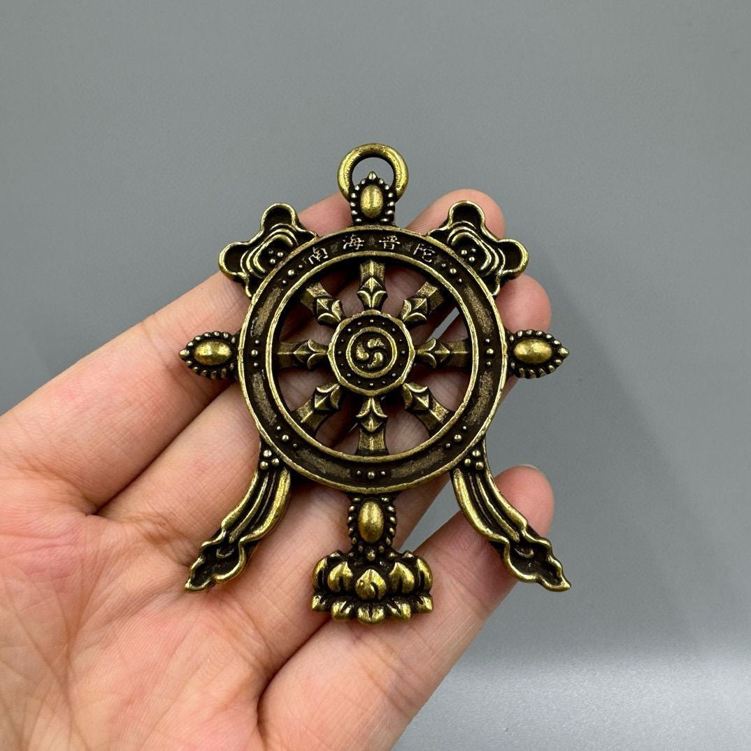 Solid Brass Dharma Wheel Pendant Nanhai Putuo Tibetan Amulet 7cm