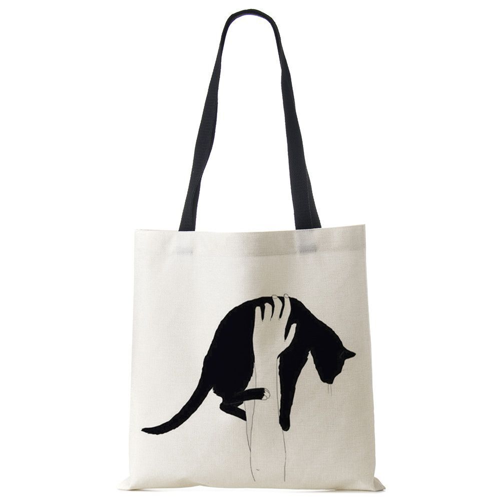 Tote Bags Black Cat Printed Linen Fabric Eco Handbag Shopping Reusable Shoulder