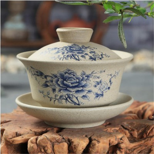 Pottery Gaiwan Floral Mountain-river Tureen Chinese Tea Cup Bowl Lid Saucer Cups