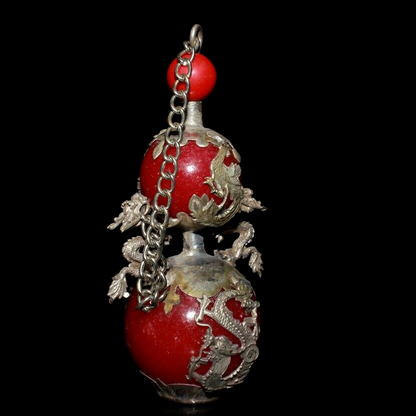 Chinese Old tibet silver inlay red turquoise handwork gourd snuff bottle