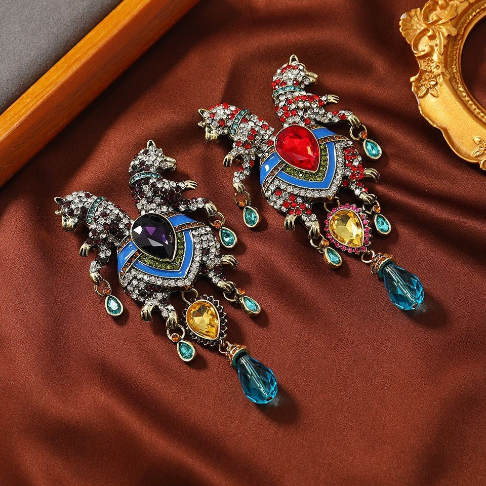 Vintage Double Leopard Brooch Set 2Pcs Crystal Tassel Suit Lapel Pin