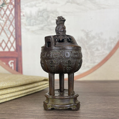 Antique Bronze Tripod Censer Lion Lid Incense Burner for Tea Ceremony