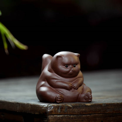 Chinese Yixing Zisha Pottery Purple Clay Animal Small Fat Cat Tea Pet Statue