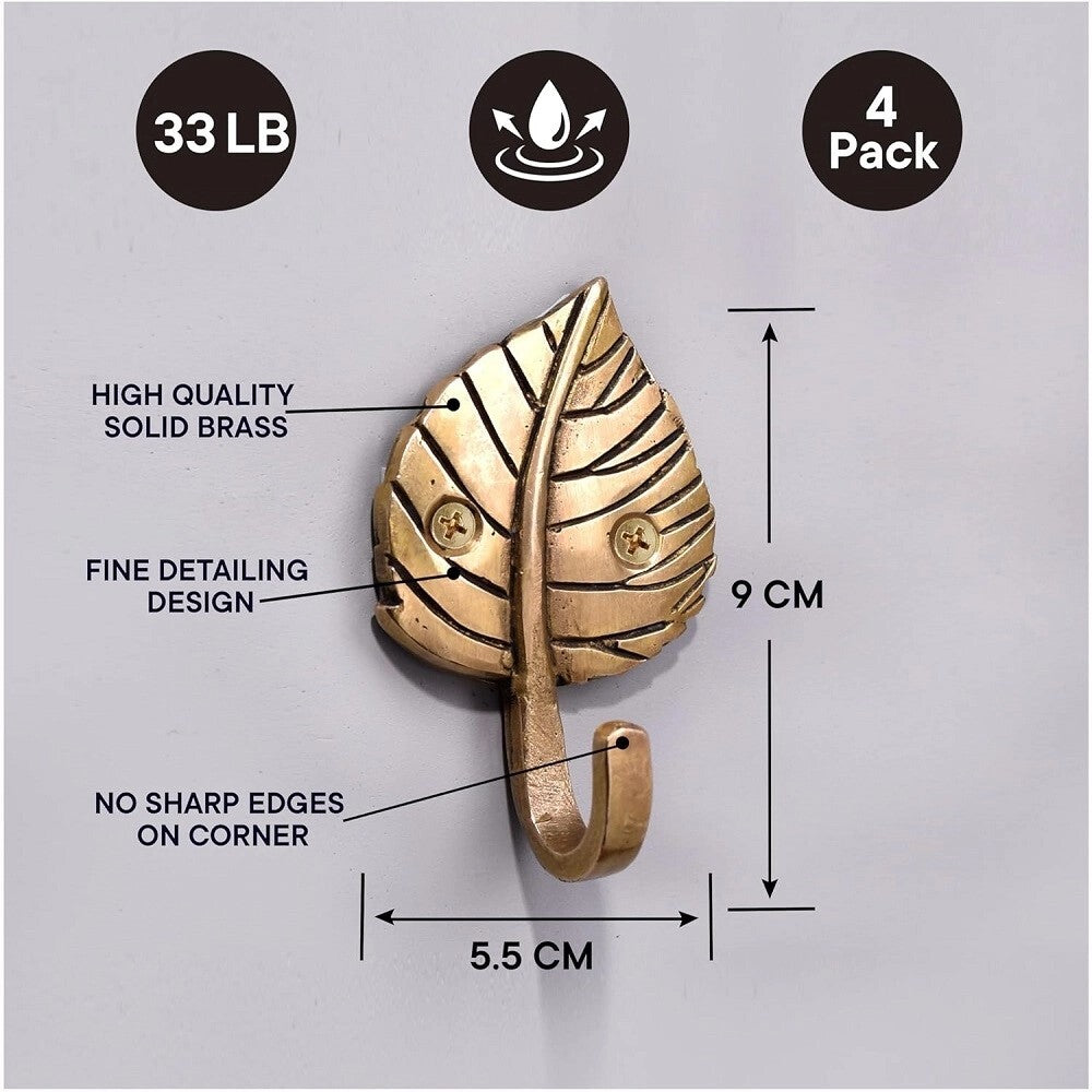 4 Pieces Brass Single Leaf Wall Hook Hanger Clothes Coat Hat Key Holder