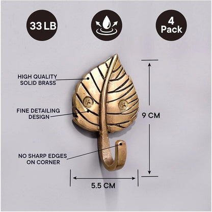 4 Pieces Brass Single Leaf Wall Hook Hanger Clothes Coat Hat Key Holder