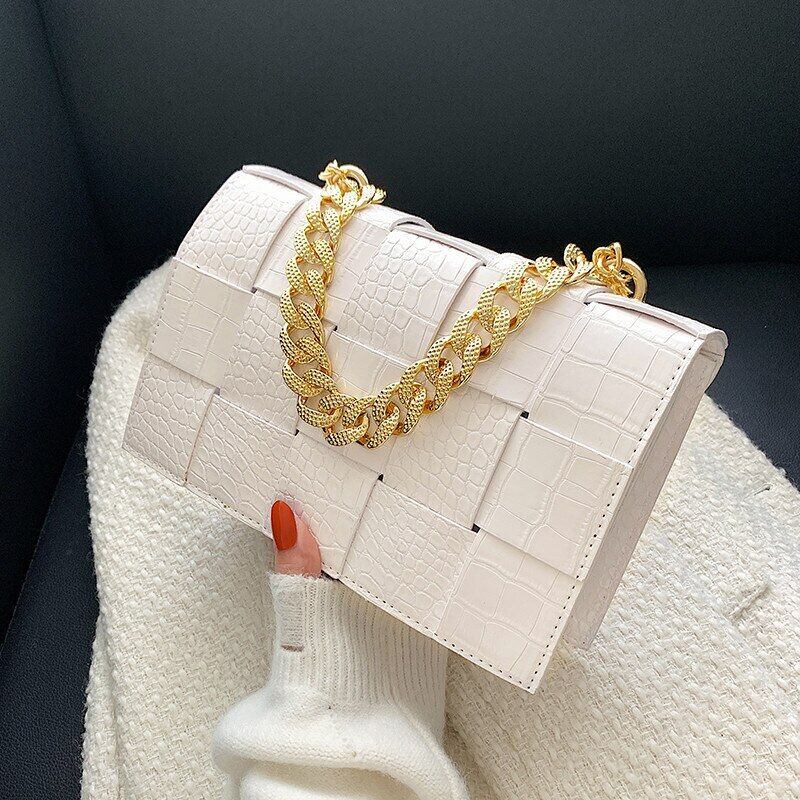 Pattern Pu Leather Bag Women Gold Chain Woven Square Bag Evening Party Clutch