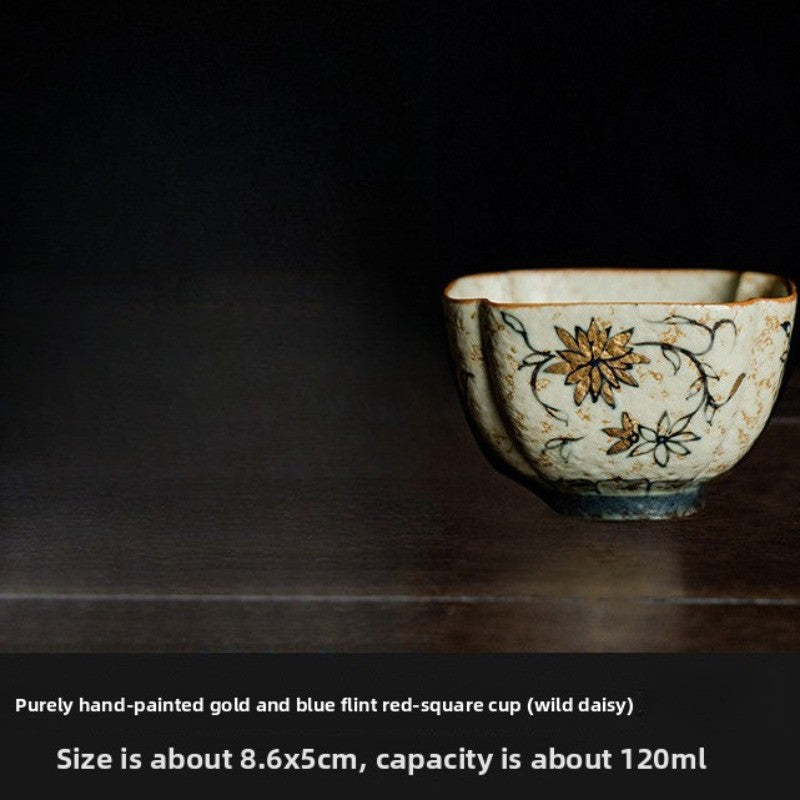 120ml Handpainted Gold Tracing Blue White Porcelain Master's Cup Tea Tasting Cup