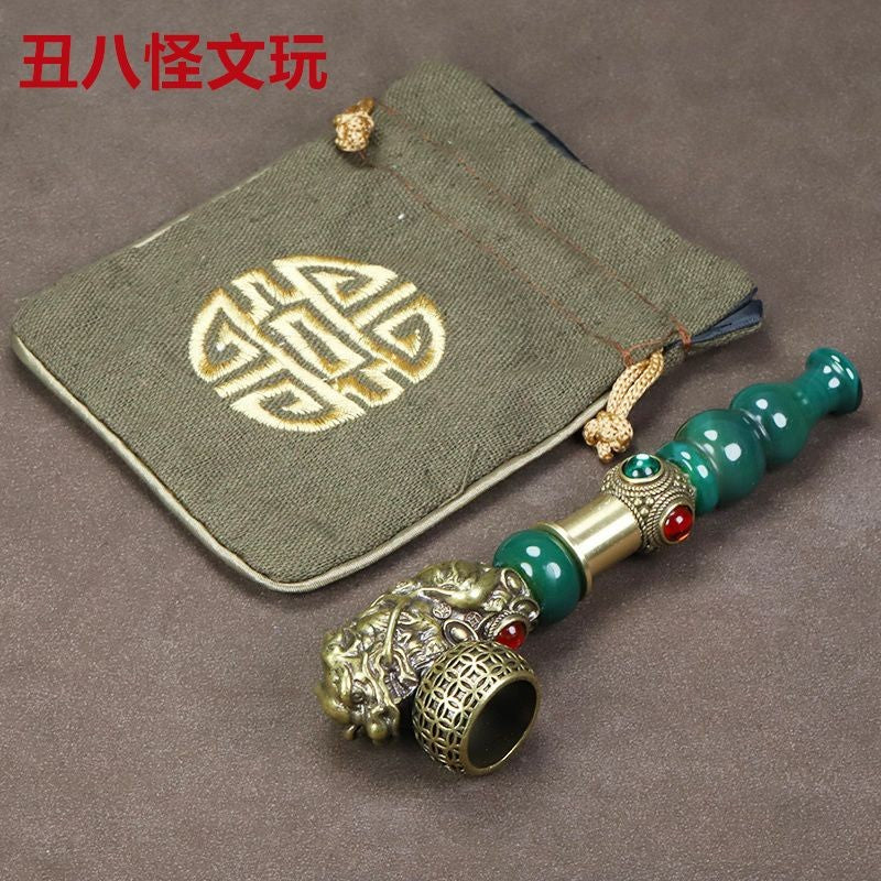 Vintage Brass Pixiu Dragon Pipe Agate Mouthpiece Handmade 14cm