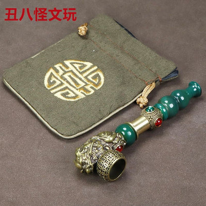 Vintage Brass Pixiu Dragon Pipe Agate Mouthpiece Handmade 14cm