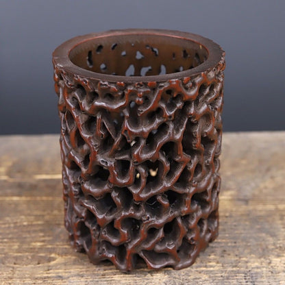 Vintage Hand-Carved Bamboo Openwork Brush Pot, 12x16cm