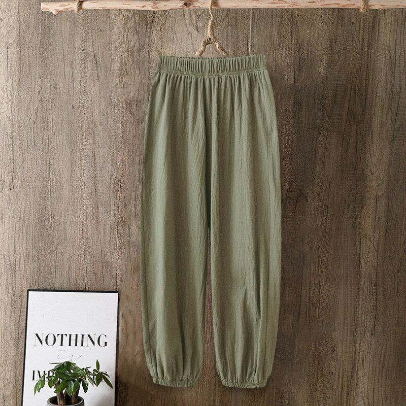 Pants Women Casual Cotton Linen Elastic Waist Solid Basic Retro Loose Trousers