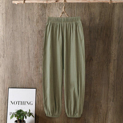 Pants Women Casual Cotton Linen Elastic Waist Solid Basic Retro Loose Trousers