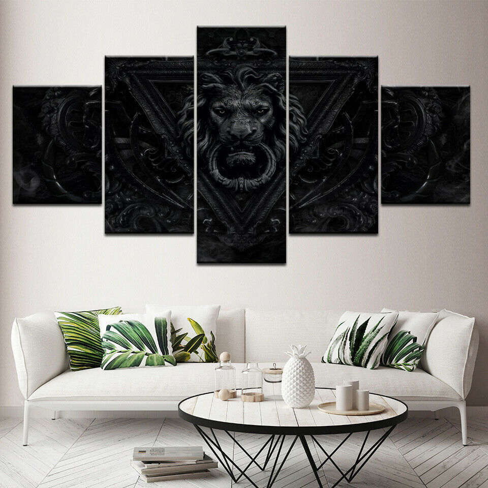 Lion Head iron Portrait Wall Art Painting Print On Canvas 5 Panels No Framed