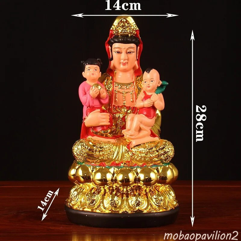 12in Resin Home Offering Buddha Golden Body Red Clothes Guanyin Buddha Statue