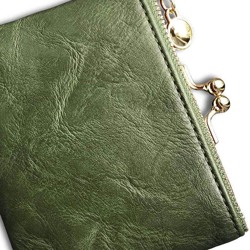 Wallet Short Bifold Retro Coin Purse Zip Kiss Lock Green Synthetic Leather Short