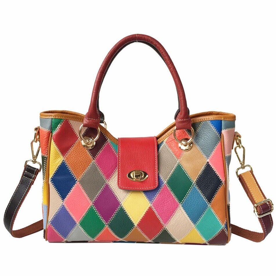 Top Cow Leather Colorful Patchwork Handbags, Desinger Women's Tote Shoulder Bag