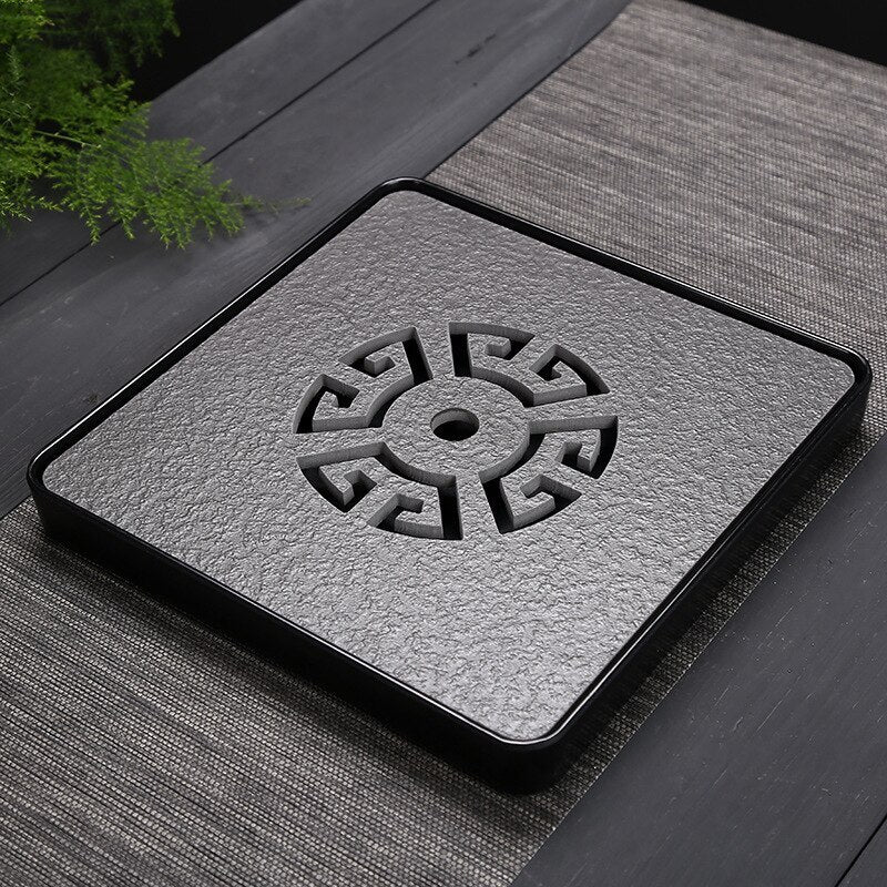 Black Stone Kungfu Tea Tray with Drainage Water Storage for Puer Tableware Tea