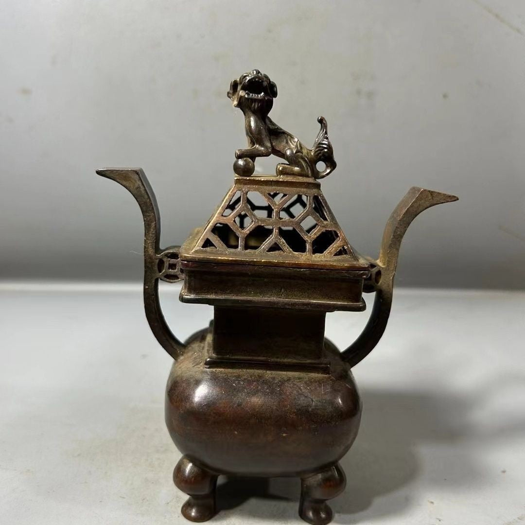 Vintage Hollow Incense Burner Antique Bronze Dog Top Censer Zen Desktop Ornament